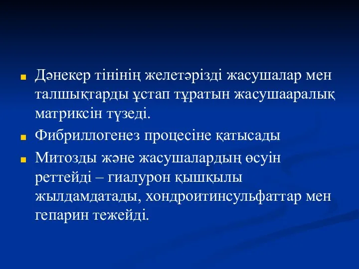 Дәнекер тінінің желетәрізді жасушалар мен талшықтарды ұстап тұратын жасушааралық матриксін түзеді.