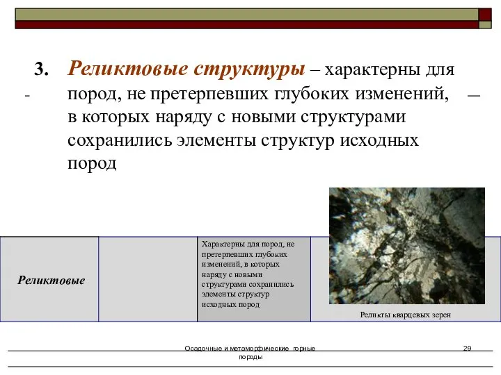 Осадочные и метаморфические горные породы 3. Реликтовые структуры – характерны для