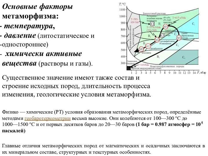 Осадочные и метаморфические горные породы Основные факторы метаморфизма: температура, давление (литостатическое