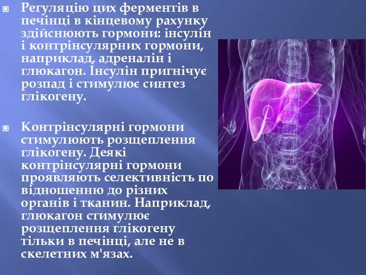 Регуляцію цих ферментів в печінці в кінцевому рахунку здійснюють гормони: інсулін