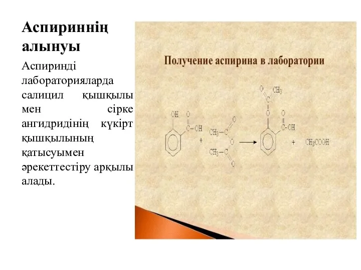 Аспириннің алынуы Аспиринді лабораторияларда салицил қышқылы мен сірке ангидридінің күкірт қышқылының қатысуымен әрекеттестіру арқылы алады.