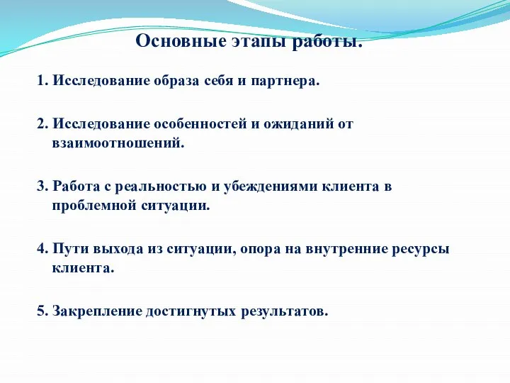 Основные этапы работы. 1. Исследование образа себя и партнера. 2. Исследование