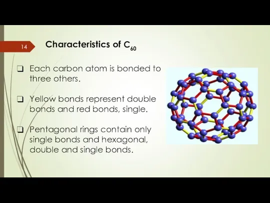 Characteristics of C60 Each carbon atom is bonded to three others.