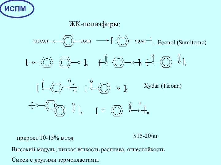 ЖК-полиэфиры: прирост 10-15% в год $15-20/кг Econol (Sumitomo) Xydar (Ticona) Высокий