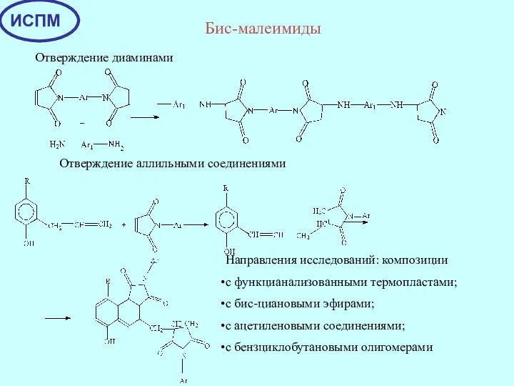Бис-малеимиды Отверждение диаминами Отверждение аллильными соединениями Направления исследований: композиции с функцианализованными