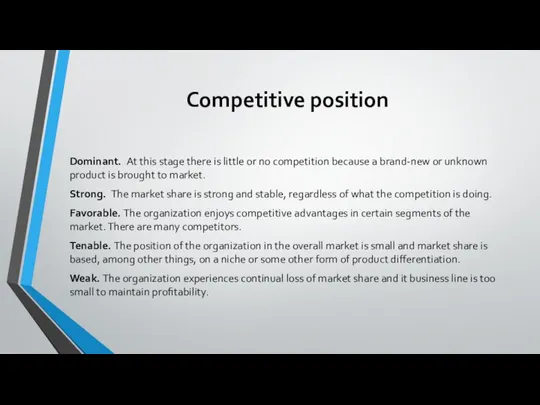 Competitive position Dominant. At this stage there is little or no