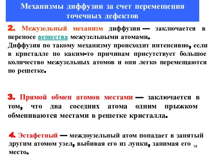 2. Межузельный механизм диффузии — заключается в переносе вещества межузельными атомами.