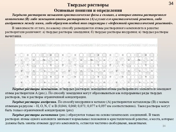 Твердыми растворами называют кристаллические фазы в сплавах, в которых атомы растворенного