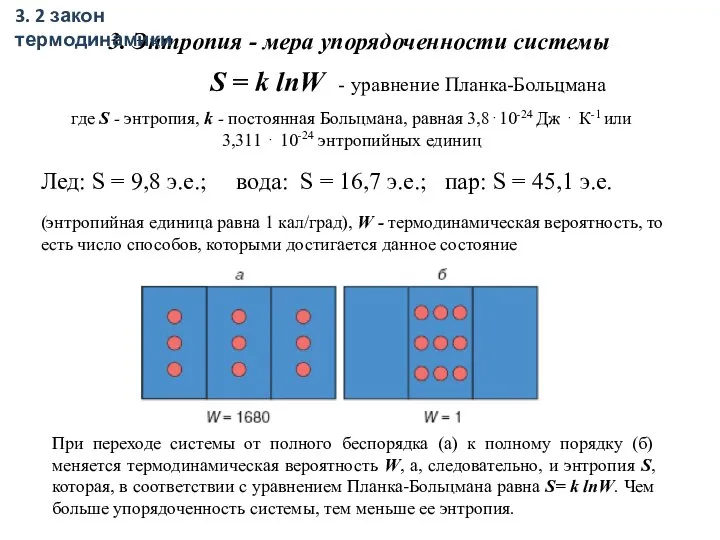 3. Энтропия - мера упорядоченности системы S = k lnW -