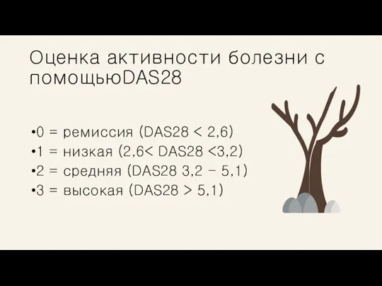 Оценка активности болезни с помощьюDAS28 0 = ремиссия (DAS28 1 =