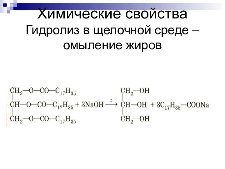 Химические свойства Гидролиз в щелочной среде – омыление жиров