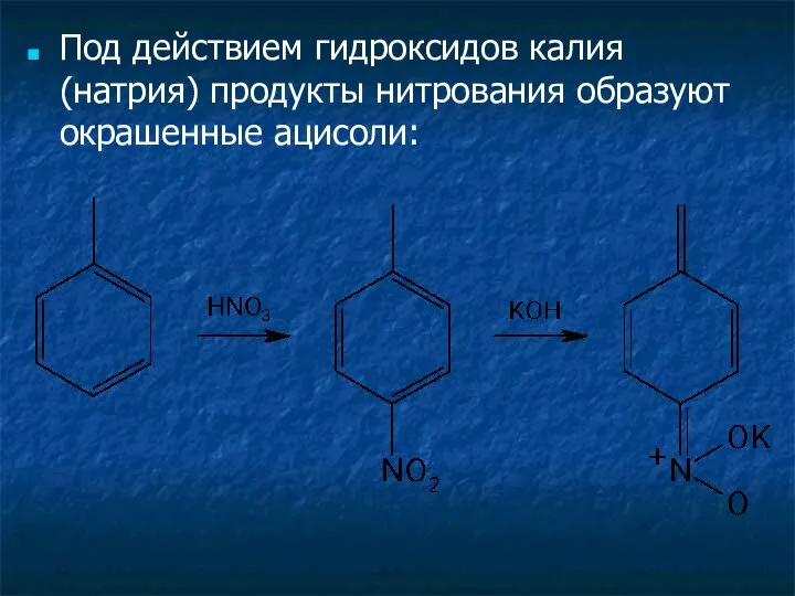 Под действием гидроксидов калия (натрия) продукты нитрования образуют окрашенные ацисоли: