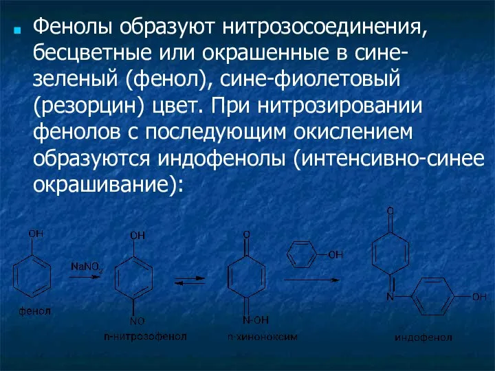 Фенолы образуют нитрозосоединения, бесцветные или окрашенные в сине-зеленый (фенол), сине-фиолетовый (резорцин)