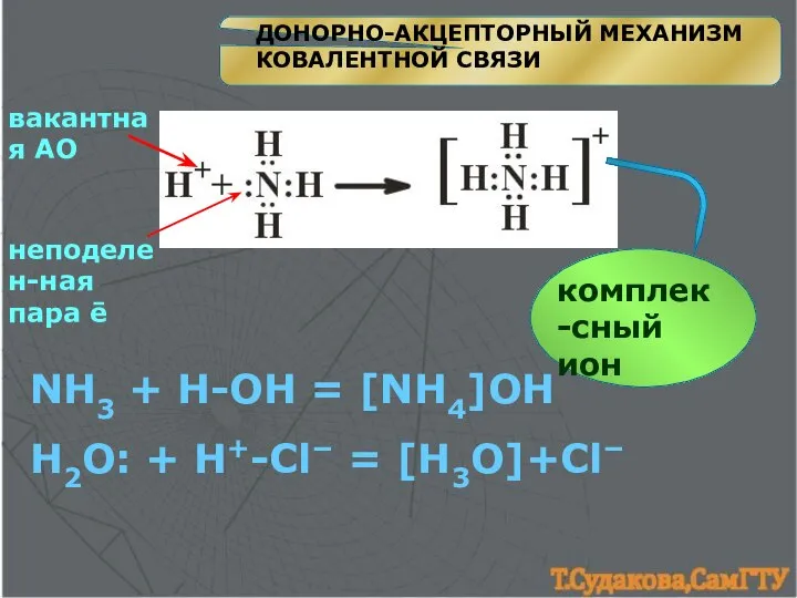 ДОНОРНО-АКЦЕПТОРНЫЙ МЕХАНИЗМ КОВАЛЕНТНОЙ СВЯЗИ NH3 + ⁫H-OH = [NH4]OH вакантная АО