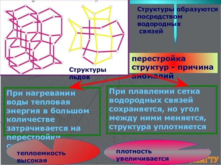 перестройка структур - причина аномалий Структуры образуются посредством водородных связей Структуры