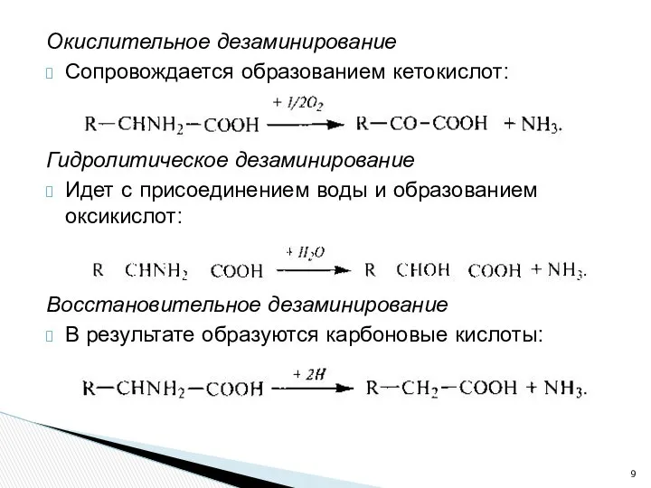 Окислительное дезаминирование Сопровождается образованием кетокислот: Гидролитическое дезаминирование Идет с присоединением воды
