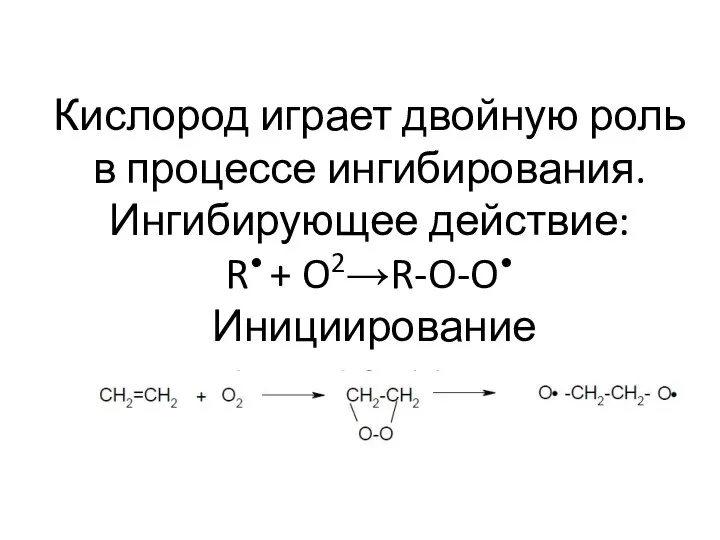 Кислород играет двойную роль в процессе ингибирования. Ингибирующее действие: R• + O2→R-O-O• Инициирование полимеризации: