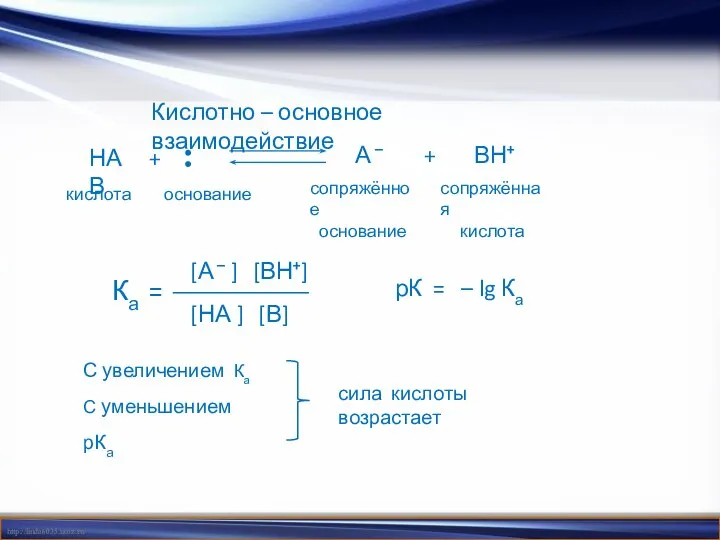 Кислотно – основное взаимодействие НА + В А – + ВН+