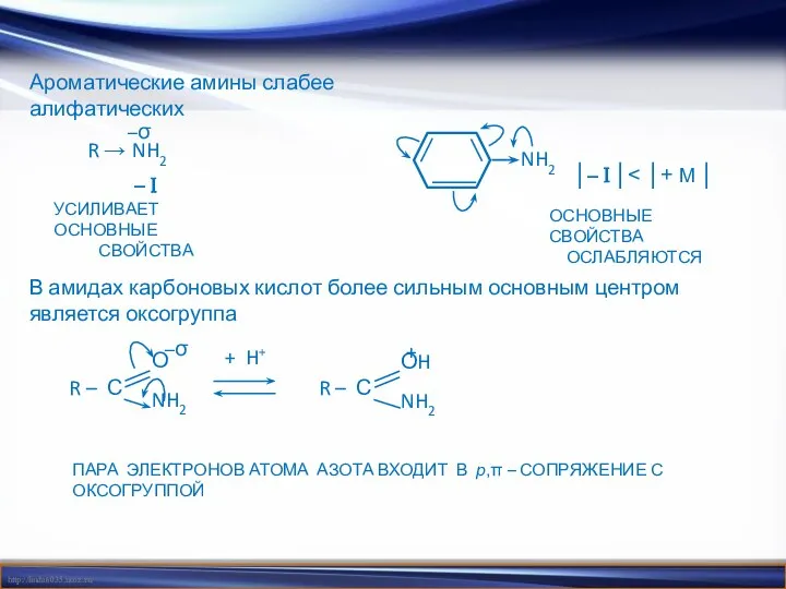 Ароматические амины слабее алифатических В амидах карбоновых кислот более сильным основным