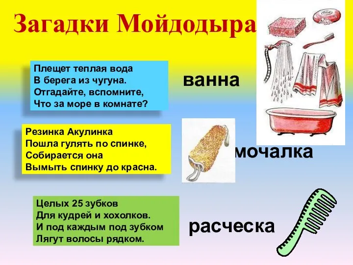 Загадки Мойдодыра Резинка Акулинка Пошла гулять по спинке, Собирается она Вымыть