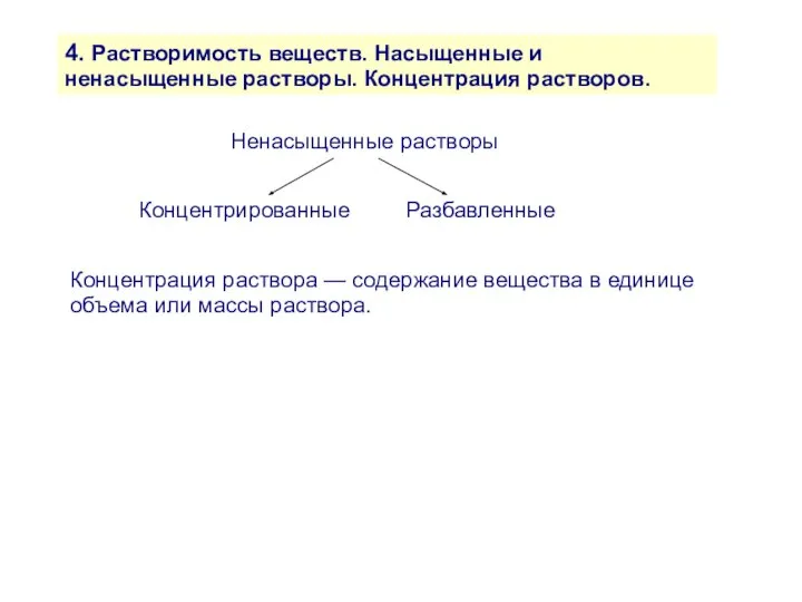 4. Растворимость веществ. Насыщенные и ненасыщенные растворы. Концентрация растворов. Ненасыщенные растворы