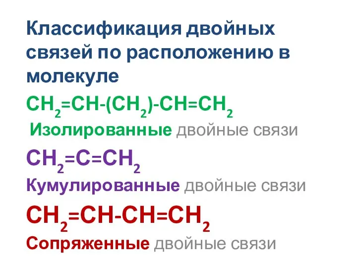 Классификация двойных связей по расположению в молекуле СН2=СН-(СН2)-СН=СН2 Изолированные двойные связи