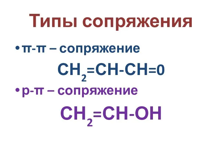 Типы сопряжения π-π – сопряжение СН2=СН-СН=0 р-π – сопряжение СН2=СН-ОН