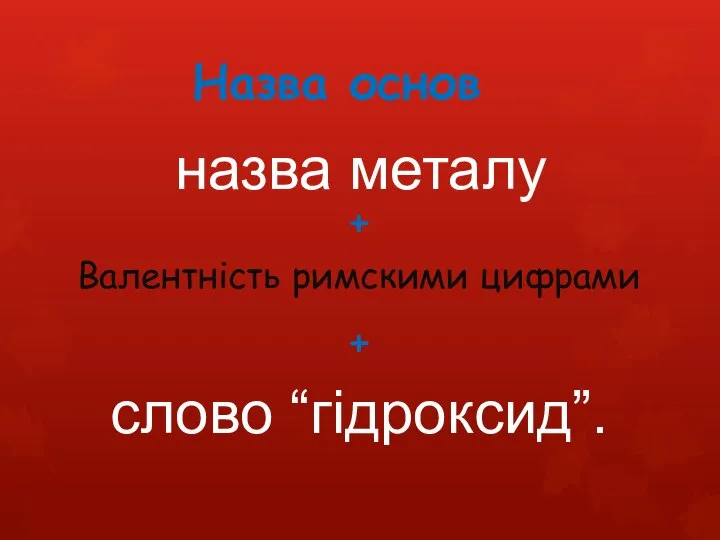 Назва основ назва металу + слово “гідроксид”. + Валентність римскими цифрами