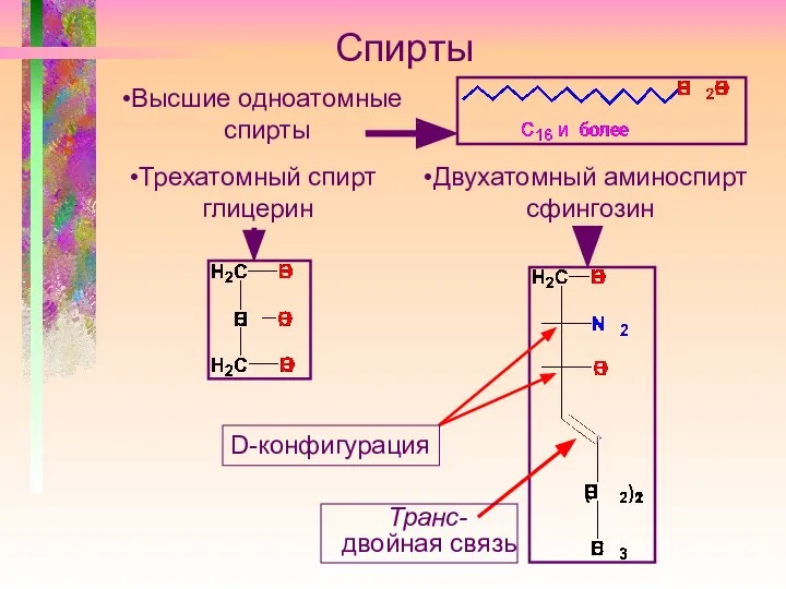 Спирты Высшие одноатомные спирты Трехатомный спирт глицерин Двухатомный аминоспирт сфингозин Транс- двойная связь D-конфигурация