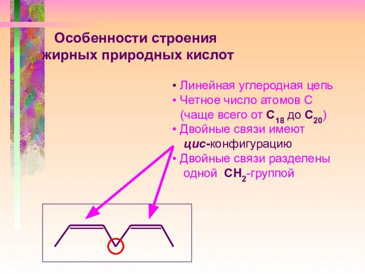 Особенности строения жирных природных кислот Линейная углеродная цепь Четное число атомов