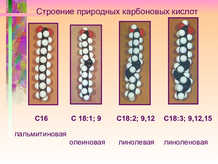 С16 С 18:1; 9 С18:2; 9,12 С18:3; 9,12,15 Строение природных карбоновых кислот пальмитиновая олеиновая линолевая линоленовая