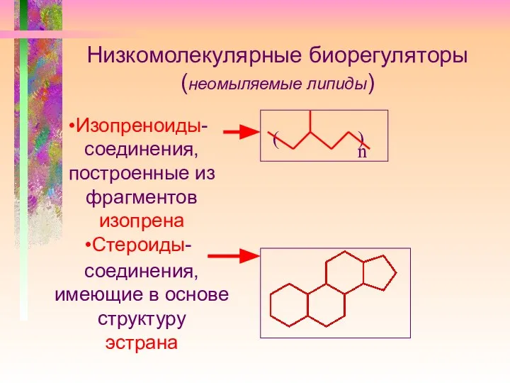 Низкомолекулярные биорегуляторы (неомыляемые липиды) Изопреноиды- соединения, построенные из фрагментов изопрена Стероиды-