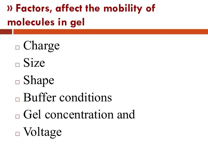 » Factors, affect the mobility of molecules in gel Charge Size