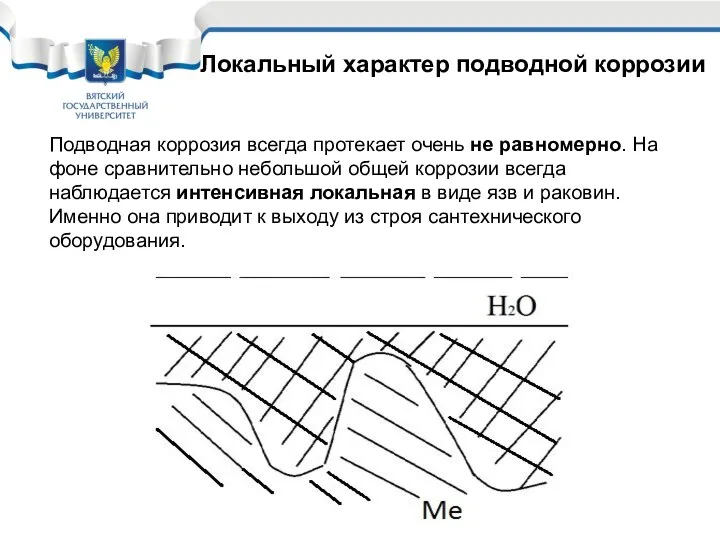 Локальный характер подводной коррозии Подводная коррозия всегда протекает очень не равномерно.