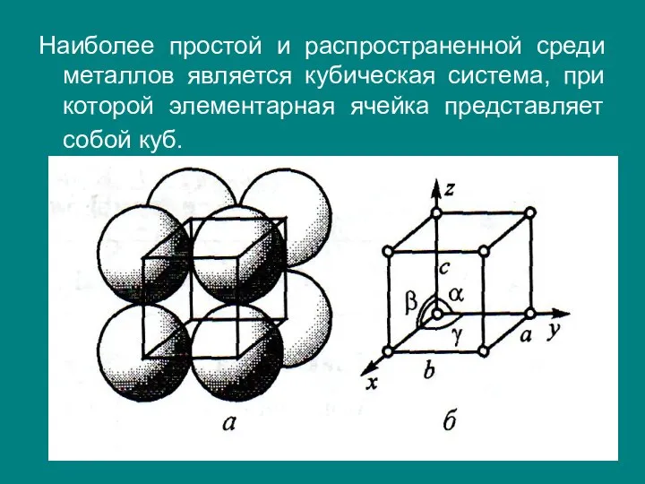 Наиболее простой и распространенной среди металлов является кубическая система, при которой элементарная ячейка представляет собой куб.