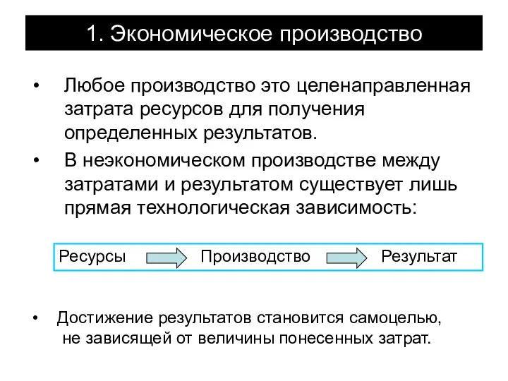 1. Экономическое производство Любое производство это целенаправленная затрата ресурсов для получения