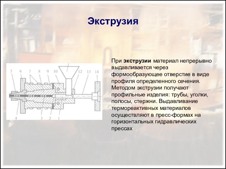 Экструзия При экструзии материал непрерывно выдавливается через формообразующее отверстие в виде