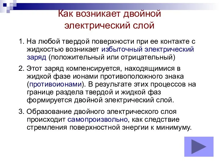 Как возникает двойной электрический слой 1. Нa любой твердой поверхности при