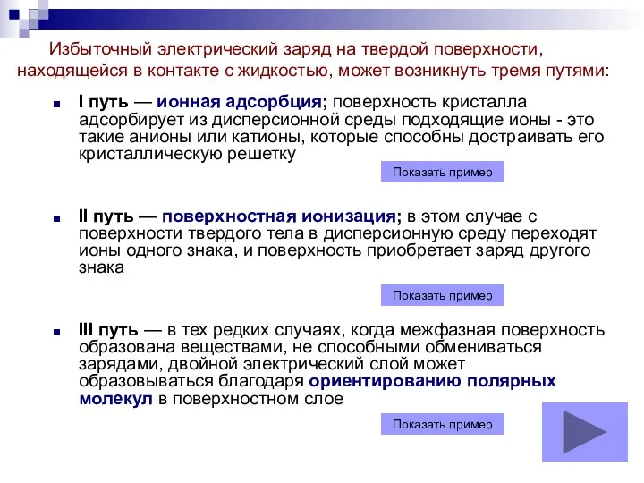 Избыточный электрический заряд на твердой поверхности, находящейся в контакте с жидкостью,