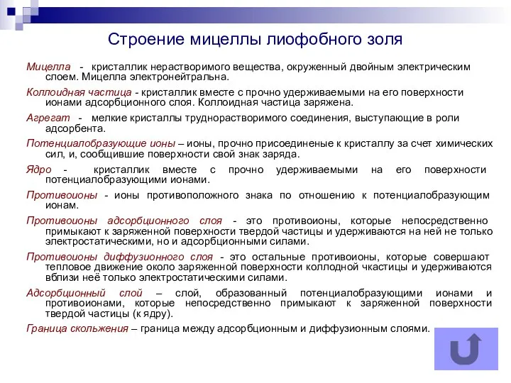 Мицелла - кристаллик нерастворимого вещества, окруженный двойным электрическим слоем. Мицелла электронейтральна.