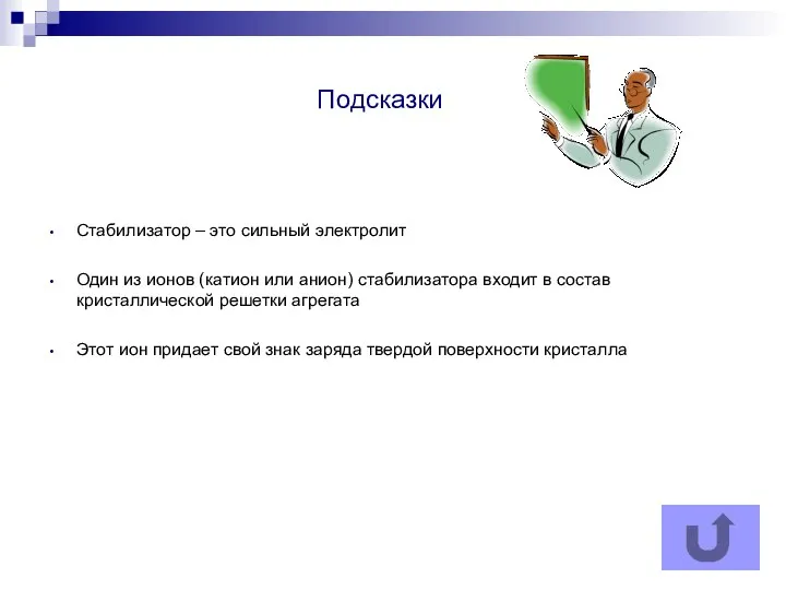 Подсказки Стабилизатор – это сильный электролит Один из ионов (катион или