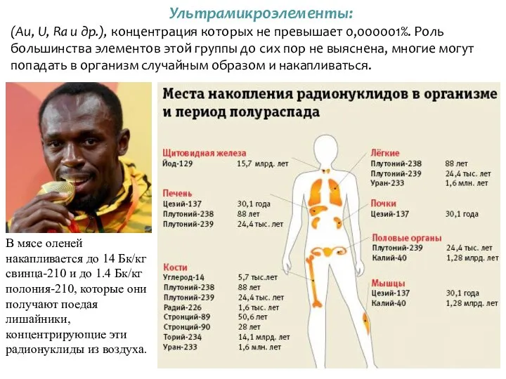 Ультрамикроэлементы: (Au, U, Ra и др.), концентрация которых не превышает 0,000001%.