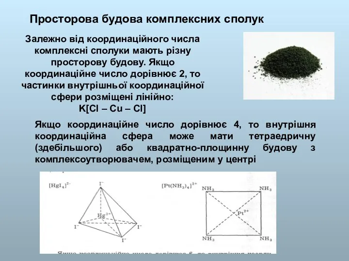 Просторова будова комплексних сполук Залежно від координаційного числа комплексні сполуки мають