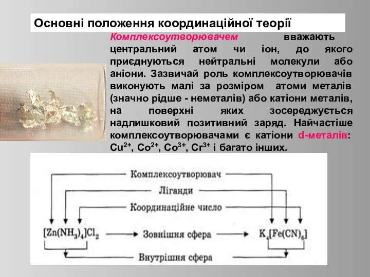 Основні положення координаційної теорії Комплексоутворювачем вважають центральний атом чи іон, до