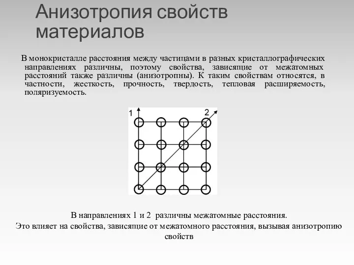 Анизотропия свойств материалов В монокристалле расстояния между частицами в разных кристаллографических