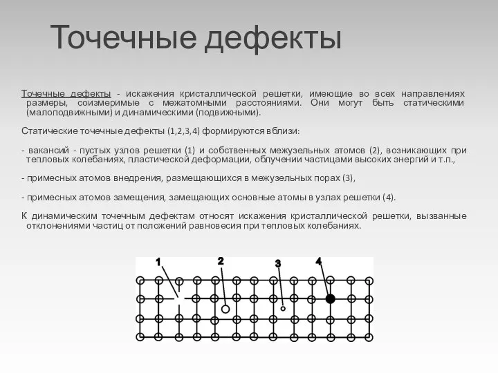 Точечные дефекты Точечные дефекты - искажения кристаллической решетки, имеющие во всех