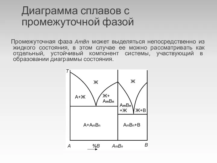 Диаграмма сплавов с промежуточной фазой Промежуточная фаза AmBn может выделяться непосредственно