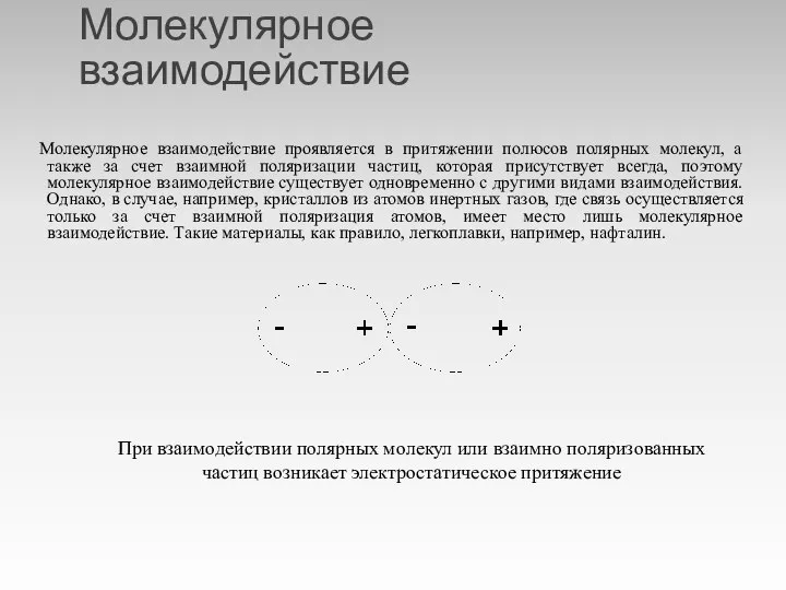 Молекулярное взаимодействие Молекулярное взаимодействие проявляется в притяжении полюсов полярных молекул, а