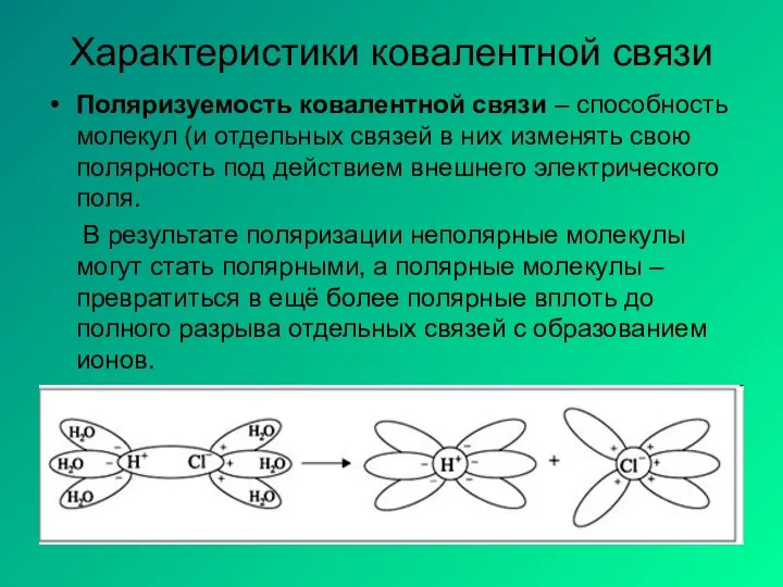 Характеристики ковалентной связи Поляризуемость ковалентной связи – способность молекул (и отдельных