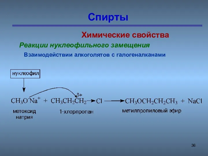 Спирты Химические свойства Реакции нуклеофильного замещения Взаимодействии алкоголятов с галогеналканами